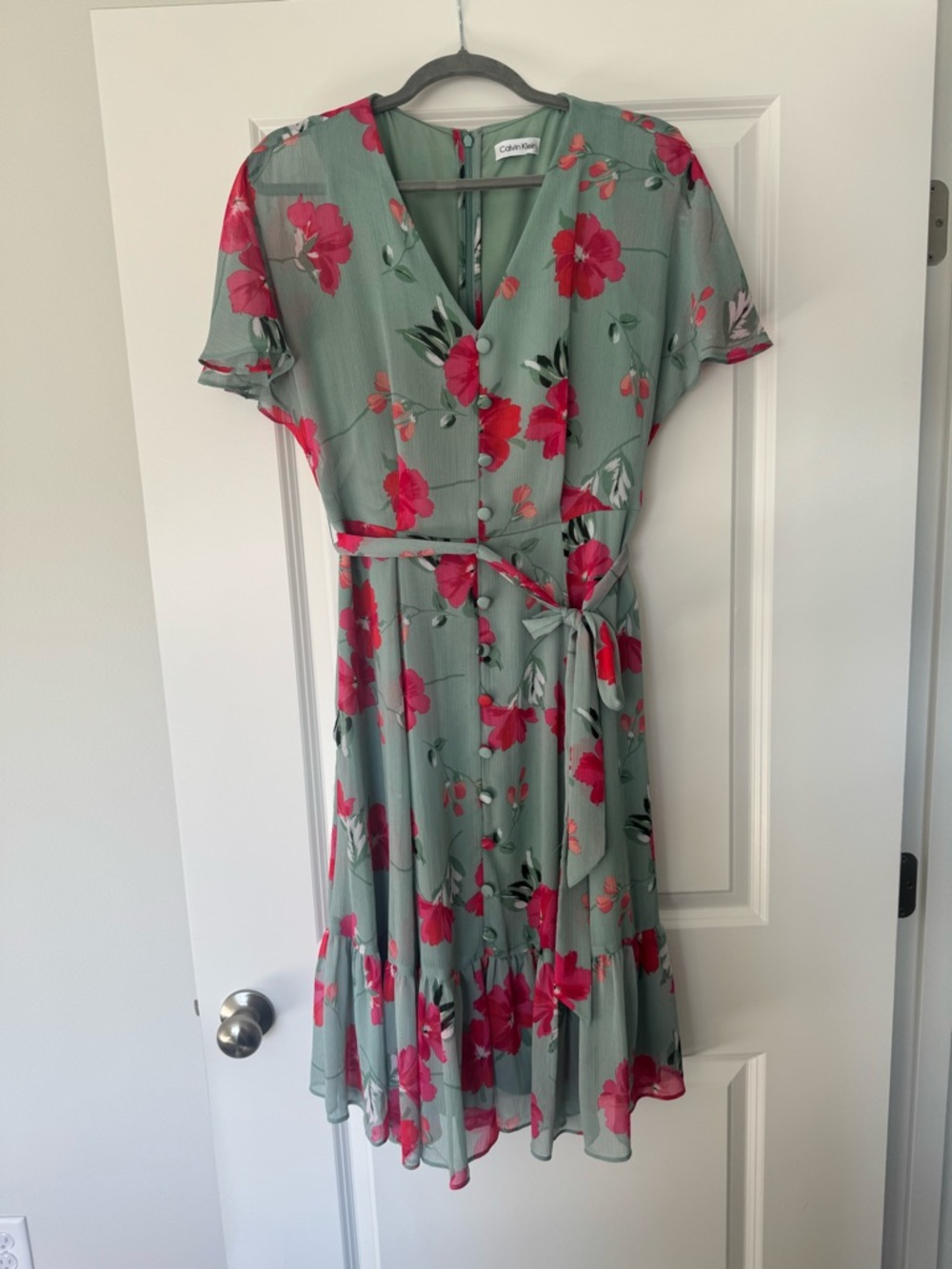 Calvin Klein Mint Green Floral Wrap Midi Dress with Pink Flowers